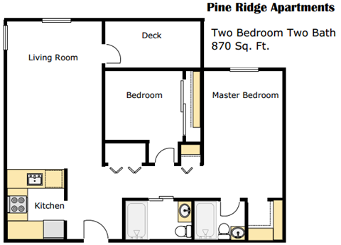 Floor plan for 2 beds, 2 baths, 870 sqft